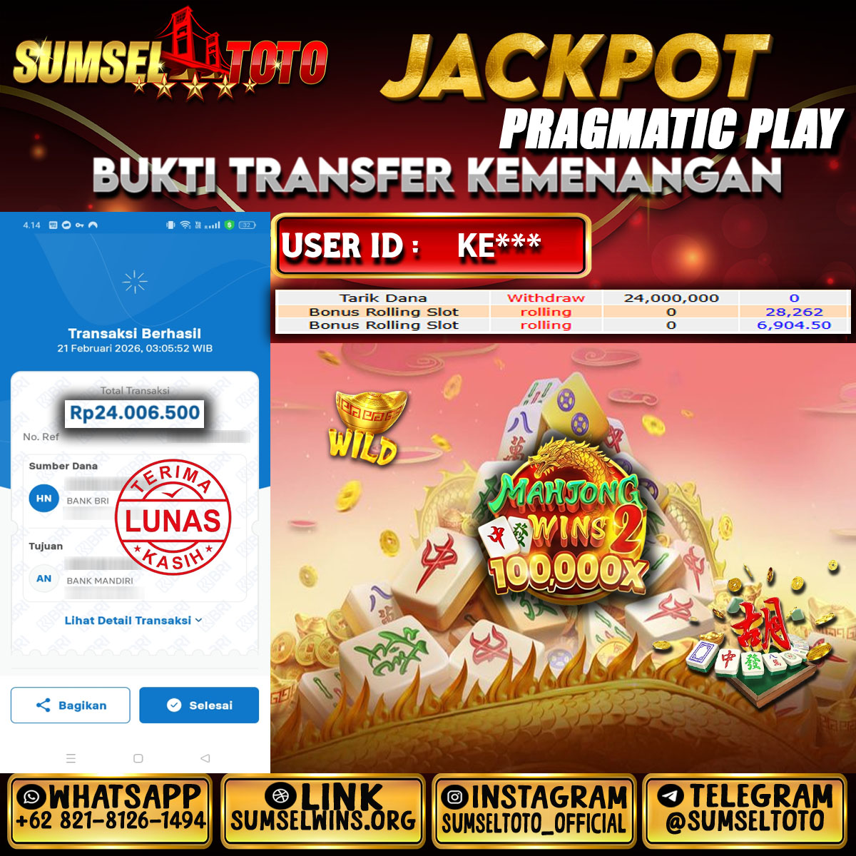 SUMSELTOTO JACKPOT MAHJONG WINS 2 Rp.24,000,000.,- LUNAS